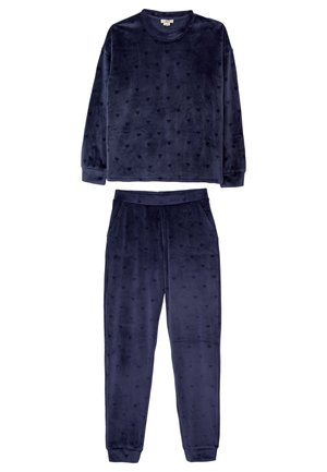 Granatowy zestaw z weluru do wypoczynku, składający się z długiego topu z długim rękawem i spodni, oba z subtelnym wzorem serca, elastycznym pasem i ściągaczami na rękawach i nogawkach.