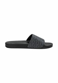 Black slide sandals with a geometric pattern on the upper, flat sole, and textured footbed for grip and comfort.