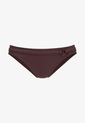 Bikini bottom in dark mauve, made of smooth fabric, features a double-layered waistband, and a decorative brown ring accent on the side.