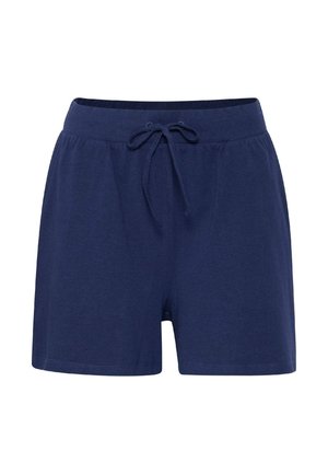 Tamno plavi pamučni šorts s elastičnom trakicom, koji ima uzicu i ležeran kroj. Glatka tekstura, dizajn do koljena.