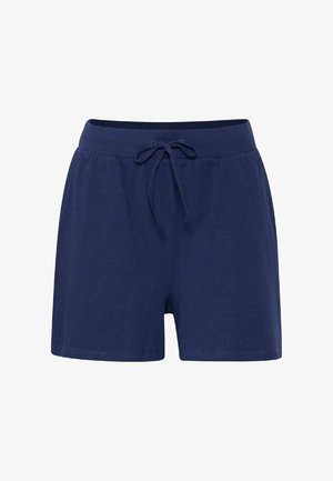 Tamno plavi pamučni šorts s elastičnom trakicom, koji ima uzicu i ležeran kroj. Glatka tekstura, dizajn do koljena.