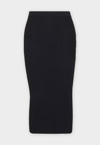 Jupe midi noire en maille côtelée avec une taille ajustée, présentant des motifs texturés diagonaux et une silhouette lisse.