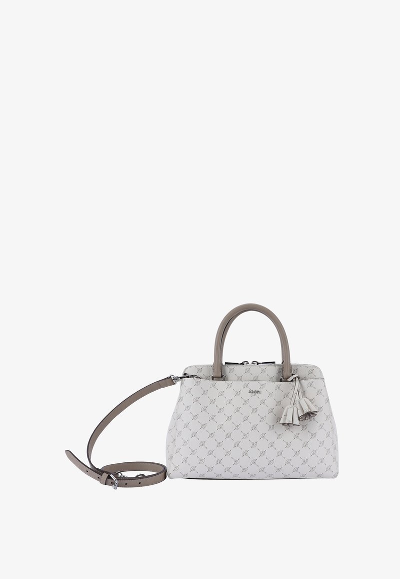 Gestructureerde handtas in lichtbeige met een textuurpatroon en twee bovenhandgrepen. Voorzien van een afneembare schouderriem en kwastaccenten.