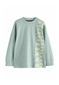 Mintgrüner Langarm-Sweatshirt aus weichem Material mit kontrastierendem gelbem Text an der Seite. Rundhalsausschnitt und elastischen Bündchen.