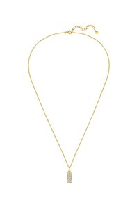 Guldkedja med en kedja och en rund medaljong prydd med klara ädelstenar, som visar en slät yta och en avlång form.