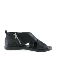 Sandale noire en cuir à bout ouvert avec fermeture éclair latérale, talon texturé et lanières croisées au-dessus d'une semelle plate basse.