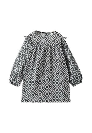 Langärmliges Kleid in Schwarz und Weiß mit Rautenmuster, ausgestattet mit einer Rüsche am Ausschnitt und elastischen Bündchen. Leichter Stoff.