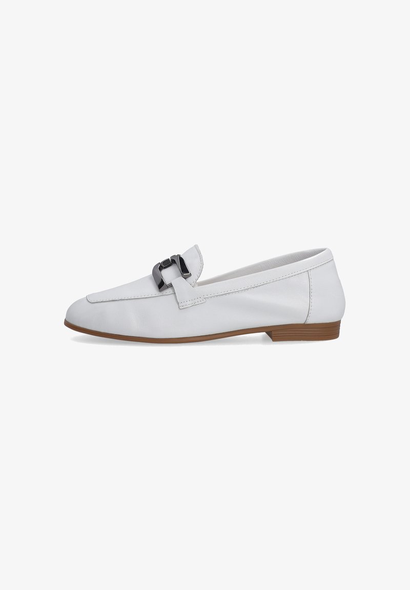 White leather loafers with a rounded toe, featuring a black buckle accent. Brown rubber sole with slight heel. Smooth texture.