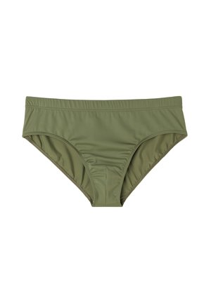 Parte inferior de bikini verde oliva con una textura suave y elástica, que presenta una cintura de altura media y un detalle de costura mínima a lo largo de los bordes.