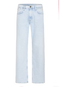 Jeans in denim azzurro chiaro con design a gamba larga. Presentano tasche frontali e chiusura con bottone. Texture liscia con dettagli di sbiadimento delicati.