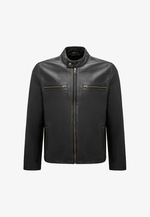Černá kožená bunda s vysokým límcem, zapínáním na zip a dvěma náprsními kapsami. Obsahuje kovové zipy a hladkou texturu.