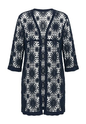 Cardigan aperto anteriore nero all'uncinetto con motivi floreali a raggiera e maniche a tre quarti.