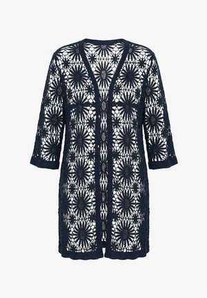 Cardigan aperto anteriore nero all'uncinetto con motivi floreali a raggiera e maniche a tre quarti.