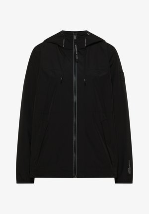 Schwarze Kapuzenjacke mit durchgehendem Frontreißverschluss, Kordelzugkapuze, seitlichen Taschen und kleinem Logo am linken Ärmel und am Reißverschlusszug.