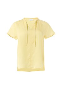 Kurzärmlige, blassgelbe Bluse mit V-Ausschnitt und Kordelzug. Weicher, leichter Stoff mit seitlichen Schlitzen am Saum für optimale Bewegungsfreiheit.