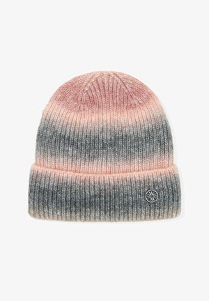 Gorro de punto con un degradado ombre, que pasa de rosa a gris. Presenta una textura acanalada y un parche de logo negro en la parte frontal.