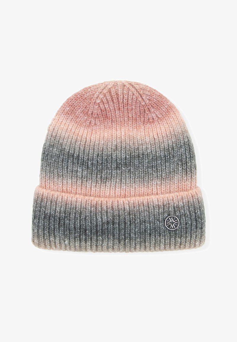 Dziana czapka z ombre, przechodząca od różowego do szarego koloru. Posiada prążkowaną teksturę i czarną naszywkę z logo z przodu.