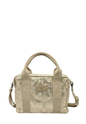 Sac à main beige texturé avec deux poignées, bandoulière amovible et une petite étiquette de marque rectangulaire au centre avant.