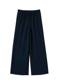 Pantalon bleu marine à jambes larges avec taille élastique, en tissu lisse, présenté à plat sur un fond blanc.