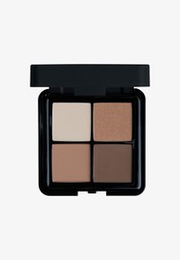 Paleta de maquillaje con cuatro compartimentos cuadráticos: dos tonos mate en beis claro y marrón, un bronce brillante y un marrón oscuro mate. Caja negra.