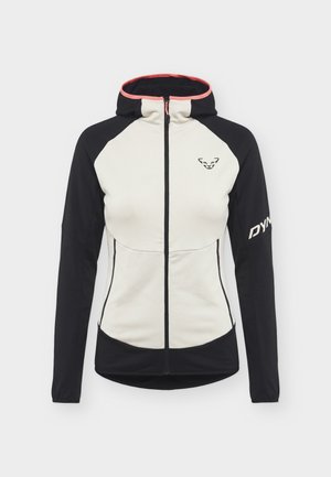 Svijetlo bež i crna jakna s kapuljačom i patentnim zatvaračem, dugih rukava, logom na prsima i kontrastnim svijetlo ružičastim rubom na rubu kapuljače.