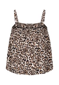 Top con stampa leopardata, con spalline sottili, scollatura arricciata, realizzato in tessuto leggero, con forma a A e vestibilità comoda.