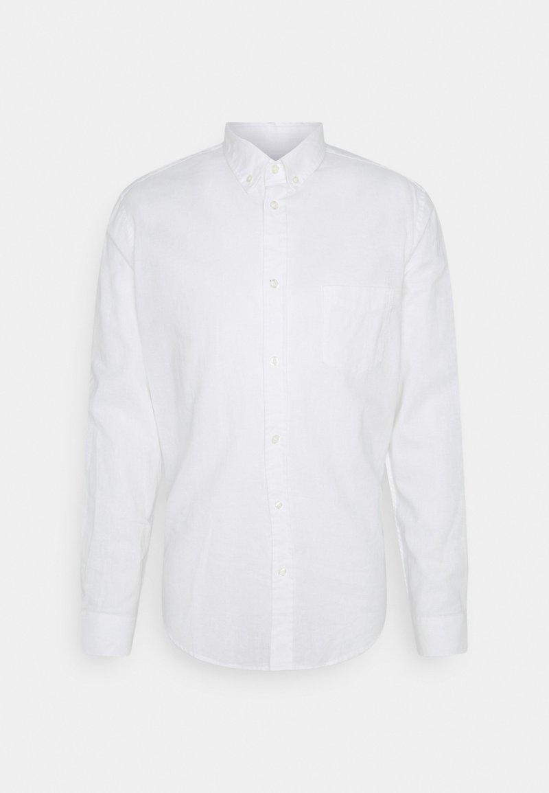 White long-sleeve button-up shirt made of linen, featuring a classic collar, front pocket, and buttons down the placket. Smooth texture.