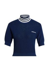 Haut en tricot bleu marine à manches courtes avec un col montant rayé blanc et bleu marine. Présente un logo sur la poitrine gauche. Tissu texturé.