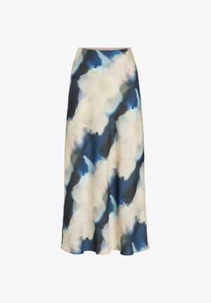 Maxi skirt in a soft, lightweight fabric featuring an abstract pattern of blue, cream, and black hues; flared silhouette with smooth finish.