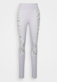 Lila leggings med hög midja, med mesh-sidopaneler med zebramönster och subtil lyster. Slät tygtextur genom hela.