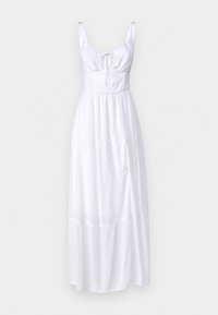 Vit maxiklänning med spagettiband, rynkad bodice och en flerlagd kjol. Tillverkad av lätt tyg med en subtil textur.