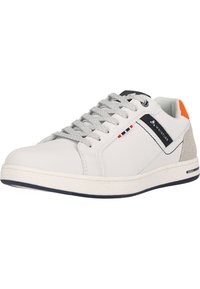 White sneakers with grey laces, a navy accent, and orange heel detail. Features a smooth texture and rubber sole.
