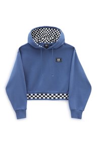 Obcięta niebieska bluza z kapturem z czarno-białą kratkowaną podszewką i akcentem w kratę na brzegu. Posiada sznurki do regulacji i naszywkę z logo.