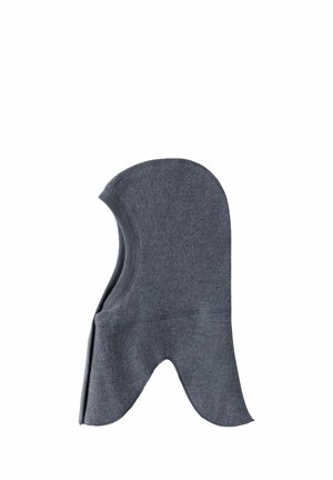Tamna siva flis balaclava s produženim pokrivačem za vrat i rebrastim rubom oko otvora za lice.