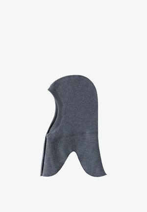 Tamna siva flis balaclava s produženim pokrivačem za vrat i rebrastim rubom oko otvora za lice.