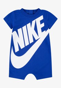 Blå bomullsromper med korte ermer med stor hvit «NIKE»-logo og swoosh-grafikk på fronten; knappelukking på baksiden.