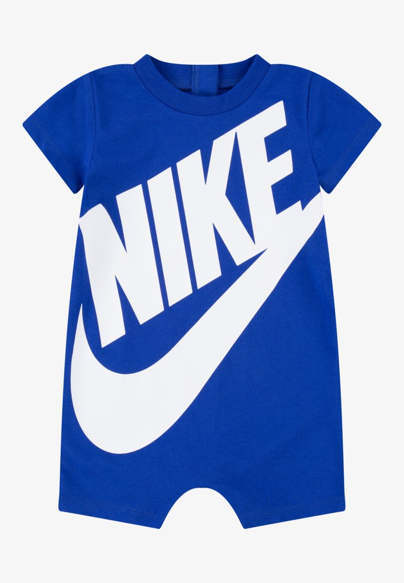 Blå bomullsromper med korte ermer med stor hvit «NIKE»-logo og swoosh-grafikk på fronten; knappelukking på baksiden.