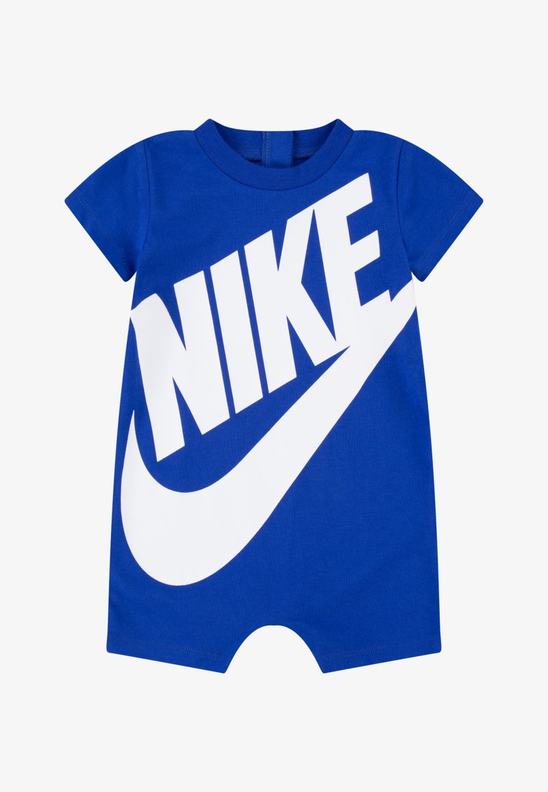 Blå bomullsromper med korte ermer med stor hvit «NIKE»-logo og swoosh-grafikk på fronten; knappelukking på baksiden.