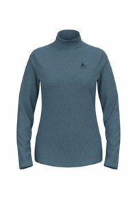 Langärmliges Oberteil aus blau-grauem strukturiertem Stoff, mit hohem Kragen und einem dezenten Zickzackmuster. Logo auf der Brust angebracht.