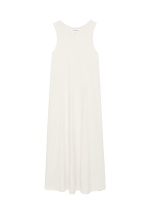 Ärmelloses langes weißes Kleid mit rundem Ausschnitt aus leichtem Stoff, liegend auf weißem Hintergrund präsentiert.