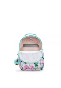 Zaino a fantasia floreale nei toni del rosa, verde e bianco. Caratterizzato da una cerniera e un manico turchesi, con un interno morbido e un charm soffice.