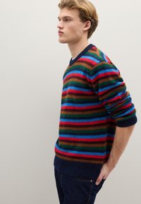 Multicolored striped sweater made of soft fabric. Features varying widths of blue, red, green, and brown stripes with a navy ribbed neckline.