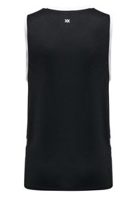 Ärmlös sporttröja, med en solid svart kropp och vita detaljer vid axlarna, tillverkad av ett lätt och slätt material.