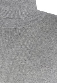 Grauer Rollkragenpullover aus gestricktem Stoff, mit gerippter Textur und dezentem Logo auf der unteren Seite. Glattes, eng anliegendes Design.