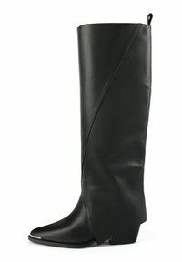Black leather knee-high boots with a pointed toe, angular design, curved seam detail, and a low block heel.