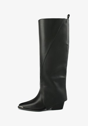 Black leather knee-high boots with a pointed toe, angular design, curved seam detail, and a low block heel.
