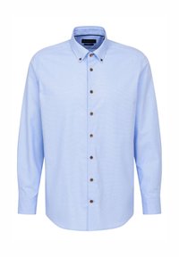 Hellblaues Langarmhemd mit Button-Down-Kragen, braunen Knöpfen und einem subtil strukturierten Stoff. Klassische Passform mit gerade geschnittenem Saum.
