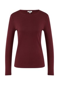 Dames fitted langemouwen crew neck top in effen donker bordeaux met een gladde stof en zonder zichtbare patronen of versieringen.