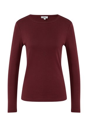 Damenfigurbetontes Langarmshirt mit Rundhalsausschnitt in solidem Dunkelmaroon mit glatter Stoffqualität und ohne sichtbare Muster oder Verzierungen.