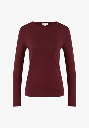 Dames fitted langemouwen crew neck top in effen donker bordeaux met een gladde stof en zonder zichtbare patronen of versieringen.